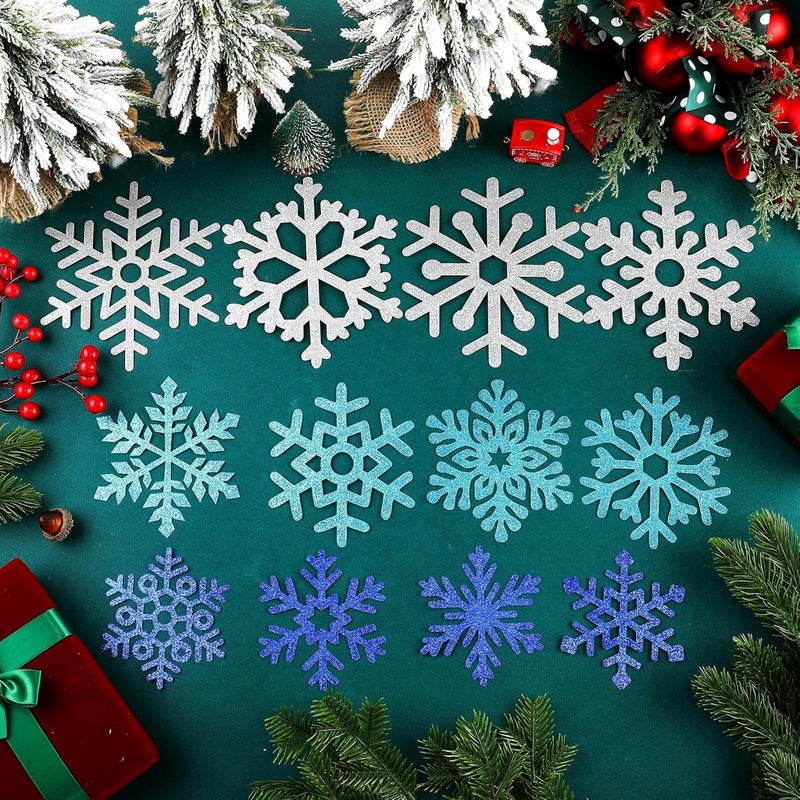 Geyee 96 Pcs Snowflakes Cutouts 12 Styles Glitter Snowflakes Board Cutouts Ornaments with Glue Point Dots for Winter Christmas Wonderland Party Home Decoration(Blue, Silver) - Image 3